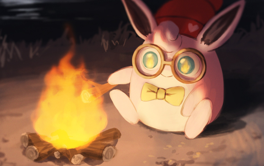 beanie bow bowtie closed_mouth commentary_request fire glasses hat hatted_pokemon highres holding log night no_humans one-hour_drawing_challenge outdoors pokemon pokemon_(creature) red_headwear rend round_eyewear sitting smile solo wigglytuff yellow_bow yellow_bowtie