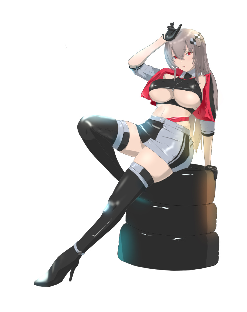 1girl absurdres azur_lane bangs black_footwear black_gloves boots breasts closed_mouth cosplay eyebrows_visible_through_hair gloves grey_hair hair_ornament hand_on_own_head high_heel_boots high_heels highres huge_breasts long_hair looking_at_viewer prinz_eugen_(azur_lane) prinz_eugen_(azur_lane)_(cosplay) red_eyes saint-louis_(azur_lane) shorts sitting solo thigh-highs thigh_boots under_boob wheel white_background white_shorts xiao_huanggua