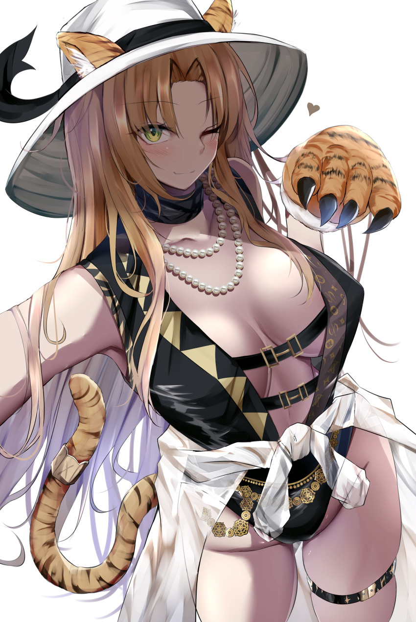1girl absurdres animal_ear_fluff animal_ears animal_hands arknights arm_up armpit_peek bangs bead_necklace beads blush breasts breasts_apart chinese_zodiac closed_mouth clothing_request commentary_request cowboy_shot dutch_angle eyebrows_visible_through_hair gloves green_eyes heart highres jewelry kokihanada large_breasts looking_at_viewer necklace new_year one_eye_closed parted_bangs paw_gloves sleeveless smile solo standing swire_(arknights) tail white_background white_headwear year_of_the_tiger