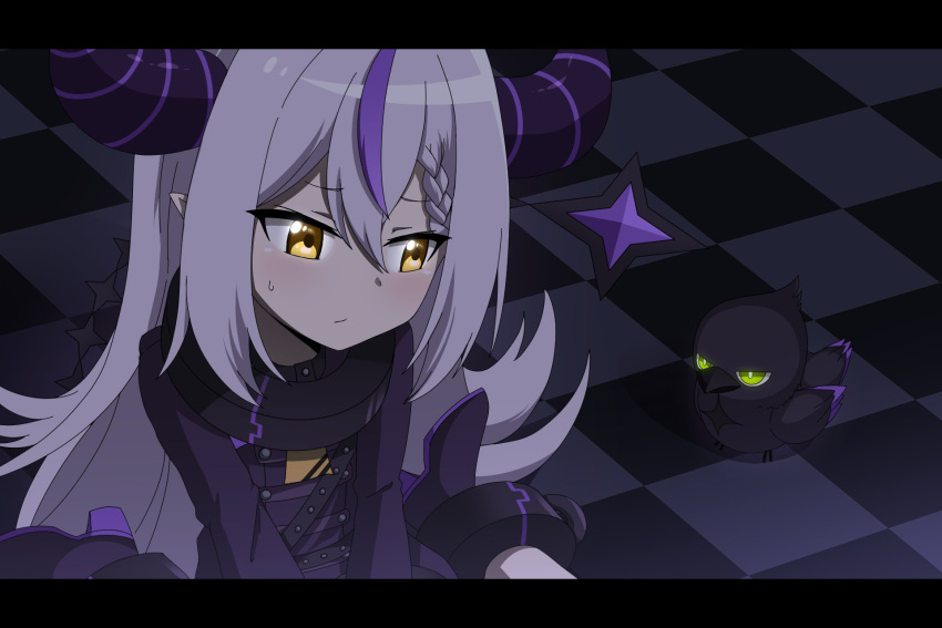 1girl bangs braid checkered_floor crow_(la+_darknesss) demon_girl demon_horns eyebrows_visible_through_hair hair_between_eyes highres hololive horns la+_darknesss long_hair long_sleeves multicolored_hair nanju_bami pointy_ears purple_hair silver_hair streaked_hair striped_horns virtual_youtuber yellow_eyes