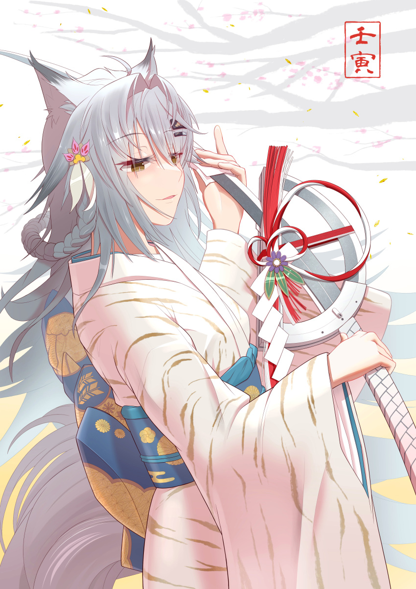 1girl absurdres ahoge alternate_costume alternate_hairstyle animal_ear_fluff animal_ears arknights back_bow bangs bare_tree blue_bow blush bow braid branch cleaning_weapon commentary_request eyebrows_visible_through_hair flower hair_between_eyes hair_ornament highres holding holding_sword holding_weapon japanese_clothes kimono lappland_(arknights) long_hair long_sleeves obi parted_lips purple_flower ribbon sash silver_hair smile solo sword tree very_long_hair weapon white_kimono wide_sleeves wolf_ears yellow_eyes yuu_(yuu_yu)