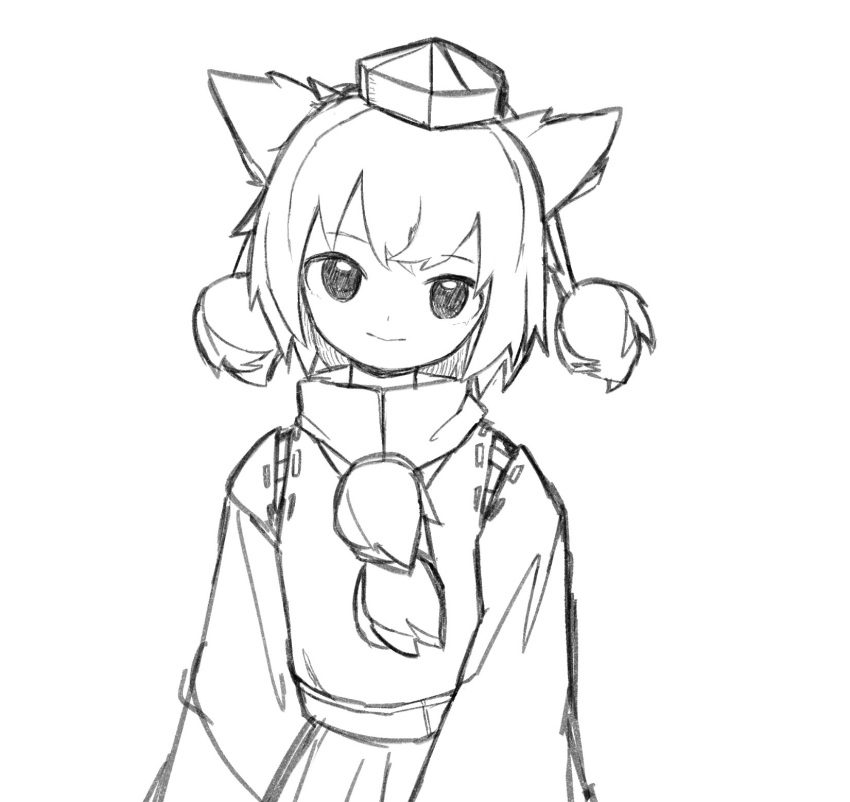 1girl animal_ears bangs greyscale hat head_tilt highres inubashiri_momiji light_smile looking_at_viewer monochrome neruzou pom_pom_(clothes) short_hair simple_background sketch solo tokin_hat touhou upper_body wolf_ears