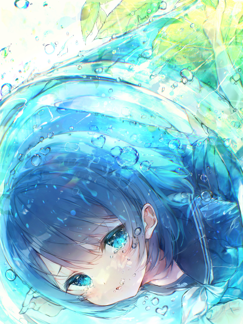 1girl ame929 bangs barefoot blue_eyes blue_hair blush bubble chromatic_aberration eyebrows_visible_through_hair highres lemonade looking_at_viewer open_mouth original short_hair solo underwater