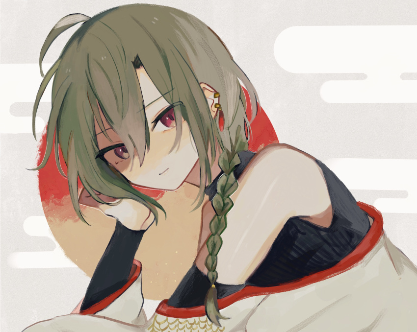 1boy androgynous artist_request blush braid ear_piercing green_hair highres japanese_clothes nijisanji pale_skin piercing red_eyes ryuushen virtual_youtuber