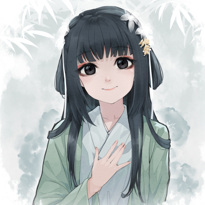 1girl bangs black_eyes black_hair blunt_bangs closed_mouth commentary_request eyebrows_visible_through_hair floral_background flower hair_flower hair_ornament hair_rings hand_on_own_chest hand_up highres japanese_clothes kimono long_hair open_clothes original smile solo too-ye white_flower white_kimono