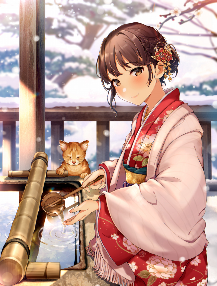 1girl bangs blunt_bangs braid brown_eyes brown_hair cat commentary_request eyebrows_visible_through_hair fingernails hair_ornament hair_up highres hisao_0111 japanese_clothes kimono looking_at_viewer orange_cat original smile snow tagme water winter wooden_railing