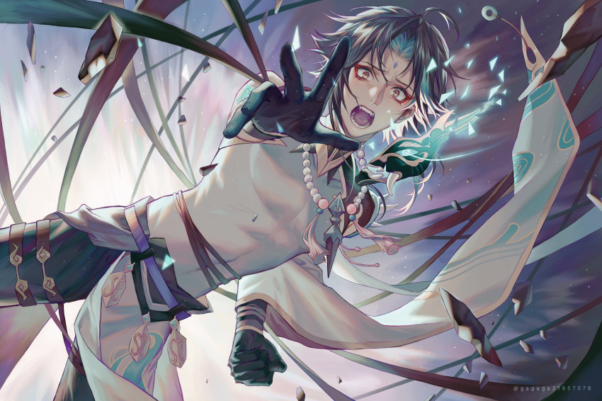 1boy artist_name belt bishounen dutch_angle eyeshadow genshin_impact gloves highres jewelry looking_at_viewer makeup male_focus mask multicolored_hair necklace open_mouth oumaigang pearl_necklace reaching_out scared short_hair solo xiao_(genshin_impact)