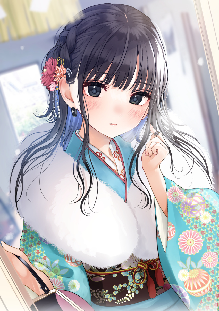 1girl absurdres bangs black_eyes black_hair blue_kimono blurry blurry_background blush braid commentary_request depth_of_field eyebrows_visible_through_hair floral_print flower fur_collar furisode hair_flower hair_ornament hands_up highres japanese_clothes kentaurosu kimono long_hair long_sleeves looking_at_viewer obi original parted_lips print_kimono red_flower sash solo upper_body wide_sleeves