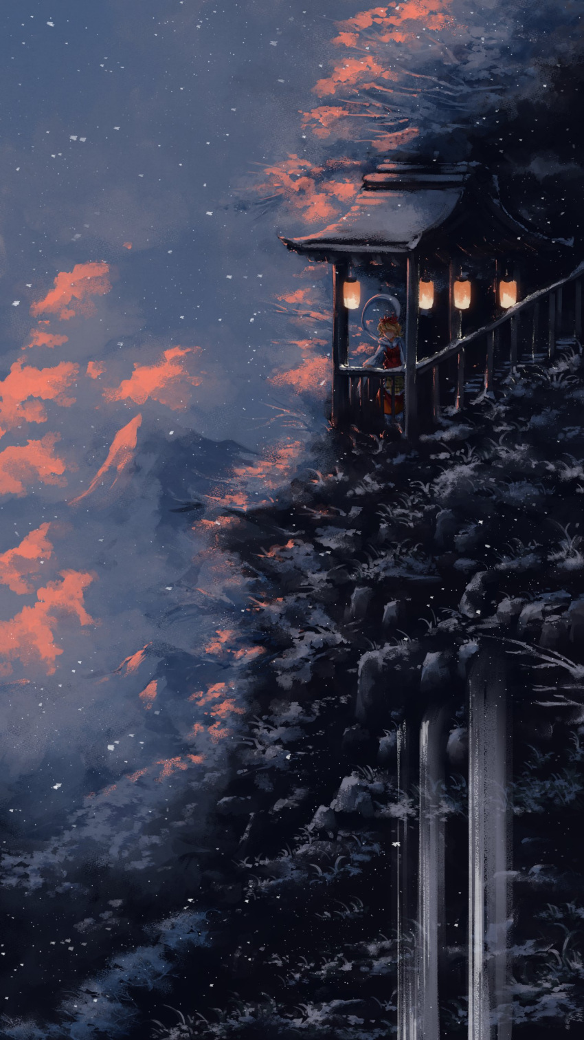 1girl absurdres blonde_hair clouds commentary_request dd_tachibana dress hagoromo hair_ornament highres lantern long_sleeves mountain outdoors paper_lantern red_dress scenery shawl short_hair snow solo tiger_stripes toramaru_shou touhou tree wide_shot