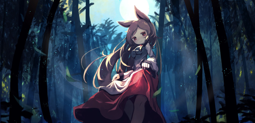 1girl :3 absurdres animal_ears bangs brown_hair chii_(tsumami_tsumamare) closed_mouth clothes_lift dress dress_lift eyebrows_visible_through_hair feet_out_of_frame forest full_moon highres imaizumi_kagerou lifted_by_self long_hair long_sleeves looking_at_viewer moon nature outdoors red_dress red_eyes smile solo standing touhou two-tone_dress white_dress wide_sleeves wolf_ears