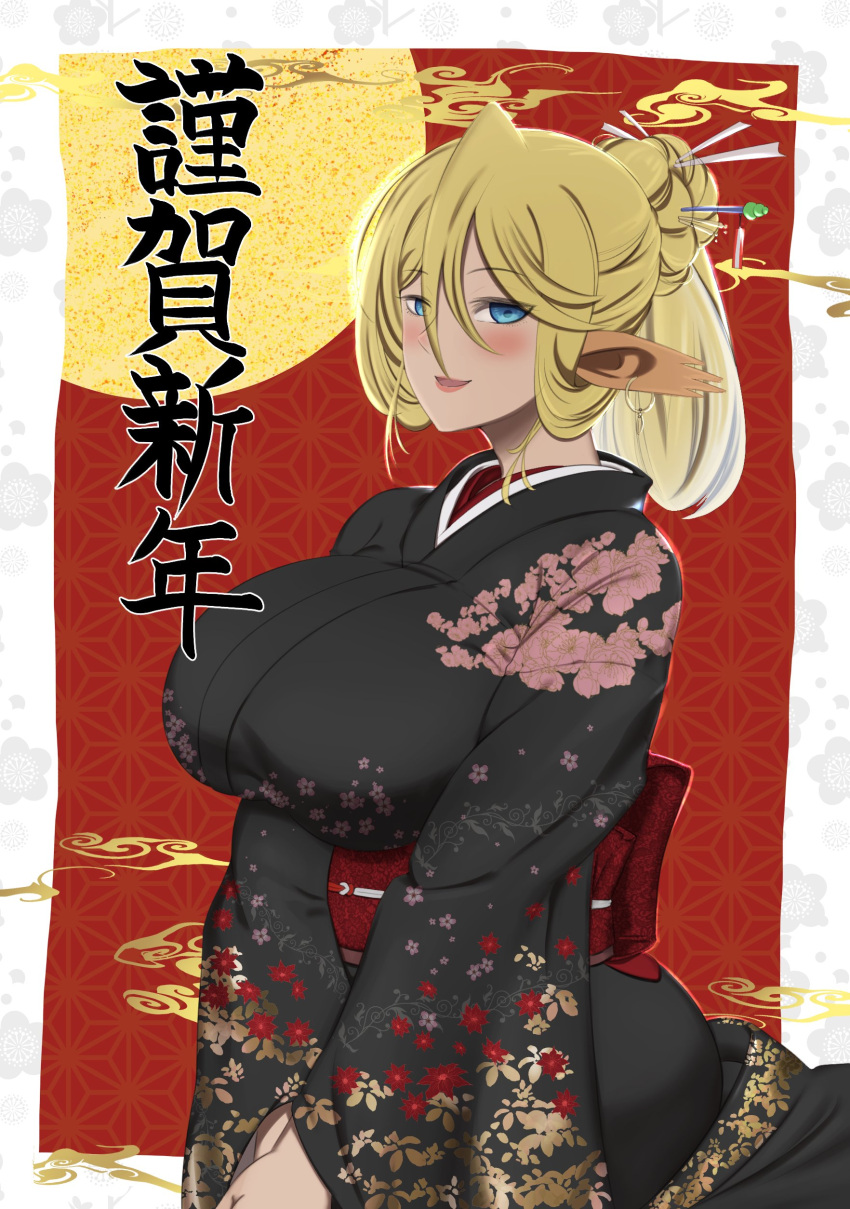 1girl absurdres animal_ears blonde_hair blue_eyes blush breasts centorea_shianus floral_print hair_between_eyes hair_ornament highres horse_ears imaani japanese_clothes kimono large_breasts long_sleeves looking_at_viewer monster_musume_no_iru_nichijou new_year obi ponytail sash seductive_smile smile solo upper_body