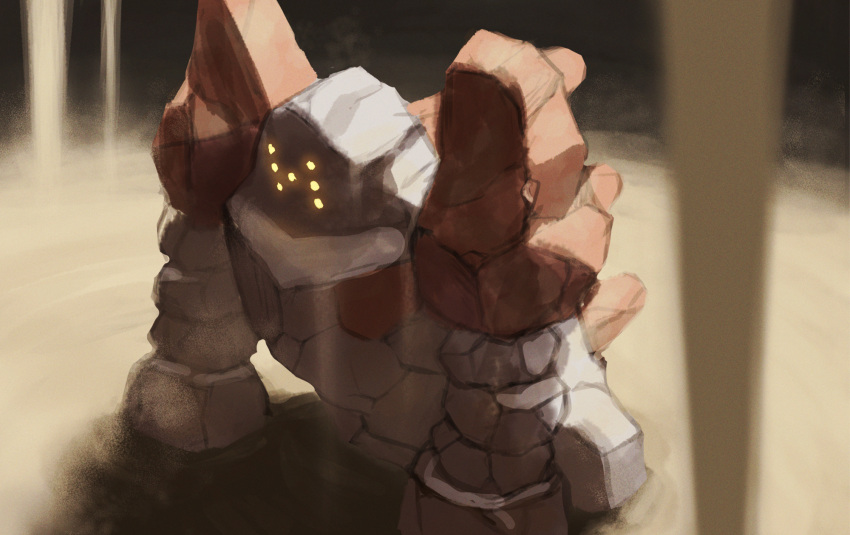 arm_support commentary_request glowing glowing_eyes highres looking_down no_humans one-hour_drawing_challenge pokemon pokemon_(creature) regirock rend rock sand solo yellow_eyes