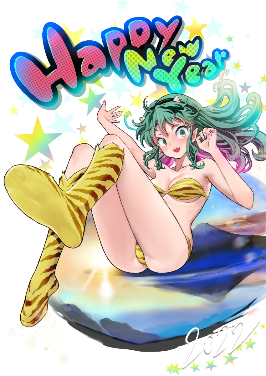 1girl 2022 :d animal_print bikini commentary english_commentary esojima_gary green_eyes green_hair hairband happy happy_new_year highres horns long_hair looking_at_viewer lum new_year oni_horns open_mouth print_bikini smile solo swimsuit tiger_print urusei_yatsura