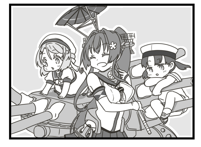 3girls asymmetrical_hair character_request check_character closed_eyes commentary_request dress eyebrows_visible_through_hair flower greyscale gun hair_flower hair_ornament hair_rings hat headgear highres kaiboukan_no._4_(kancolle) kantai_collection long_hair low_twintails machinery medium_hair mocchi_(mocchichani) monochrome multiple_girls oil-paper_umbrella ponytail rigging sailor_collar sailor_dress sailor_hat shoes short_sleeves sidelocks smile socks twintails umbrella uwabaki very_long_hair weapon yamato_(kancolle)