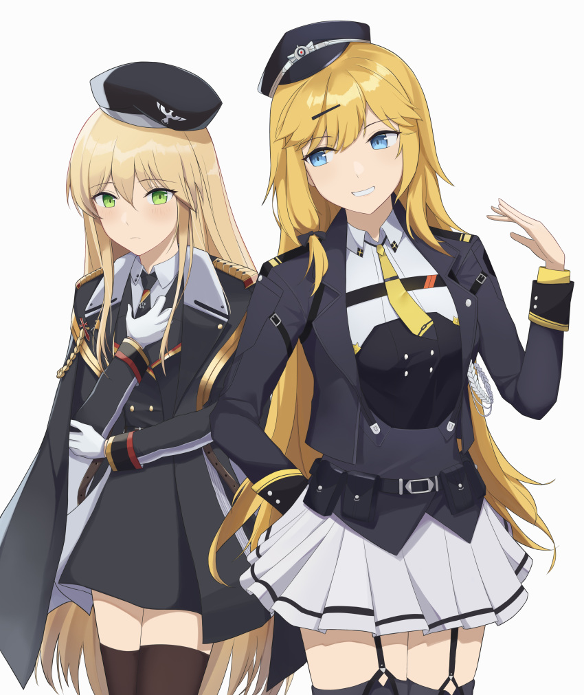 2girls absurdres arm_behind_back arm_up ash_arms bangs black_headwear black_jacket black_legwear black_necktie blonde_hair blue_eyes blue_jacket blush character_request check_character closed_mouth eyebrows_visible_through_hair feet_out_of_frame garter_straps girls_frontline gloves green_eyes hair_ornament hairclip hat highres jacket long_hair looking_at_another looking_at_viewer military military_hat military_uniform multiple_girls necktie open_clothes open_jacket open_mouth shirt skirt smile standing stg44_(girls'_frontline) teeth the_void_to_fly thigh-highs tiger_h_(ash_arms) uniform white_background white_gloves white_shirt white_skirt yellow_necktie