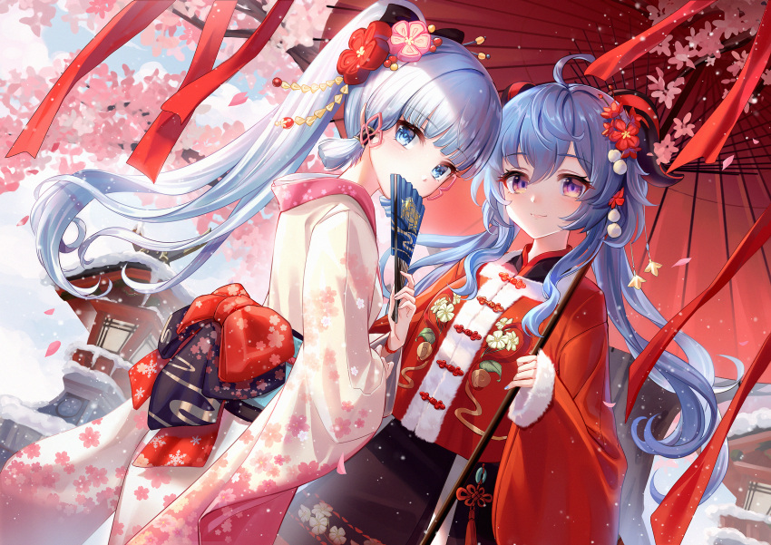 2girls ahoge bangs blue_eyes blue_hair blunt_bangs branch cherry_blossom_print cherry_blossoms chinese_clothes closed_mouth covering_mouth curled_horns eyebrows_visible_through_hair falling_petals floating_hair floral_print folding_fan from_side fur-trimmed_sleeves fur_trim ganyu_(genshin_impact) genshin_impact hair_ornament hair_ribbon hand_fan highres holding holding_fan holding_umbrella horns japanese_clothes kamisato_ayaka kimono lalazyt light_blue_hair looking_at_viewer multiple_girls obi petals ponytail ribbon sash sidelocks snow tress_ribbon twintails umbrella violet_eyes
