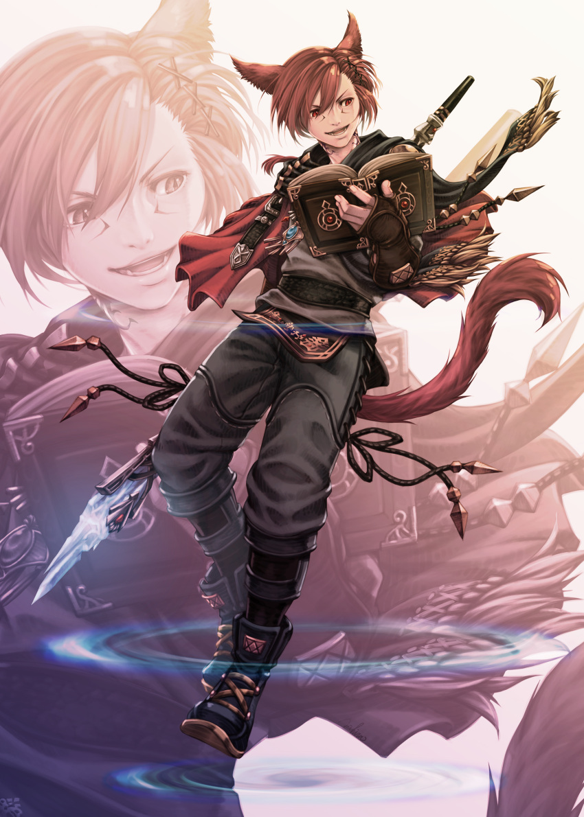1boy absurdres animal_ears book brown_hair cat_ears cat_tail facial_mark final_fantasy final_fantasy_xiv g'raha_tia hair_between_eyes highres holding holding_staff male_focus mihira_(tainosugatayaki) miqo'te neck_tattoo open_book open_mouth red_eyes short_hair slit_pupils solo staff tail tattoo zoom_layer