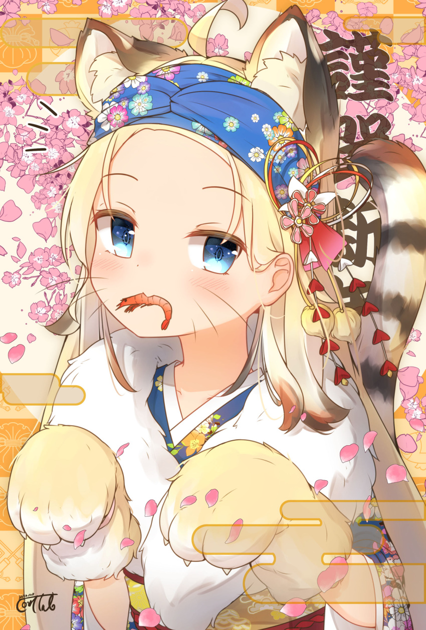 1girl absurdres ahoge animal_ear_fluff animal_ears animal_hands blonde_hair blue_eyes blue_kimono brown_gloves chinese_zodiac commentary_request coreytaiyo dated egasumi floral_background floral_print forehead fur_collar gloves hands_up highres japanese_clothes kimono long_sleeves mouth_hold obi original paw_gloves print_kimono sash shrimp signature solo tail tail_raised tiger_ears tiger_girl tiger_tail upper_body wide_sleeves year_of_the_tiger