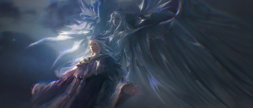 1girl chromatic_aberration cloak dual_persona final_fantasy final_fantasy_xiv highres hydaelyn norino_(106592473) outstretched_arms pale_skin robe silver_hair spoilers venat_(ff14) wings