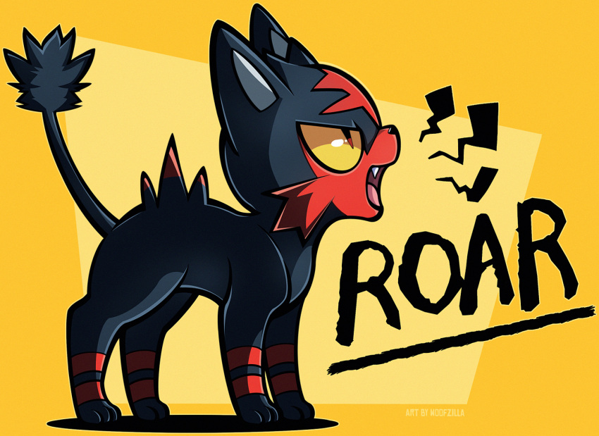 colored_sclera commentary english_commentary fang from_side full_body litten looking_up no_humans open_mouth pokemon pokemon_(creature) red_eyes roaring solo standing toes tongue woofzilla yellow_background yellow_sclera