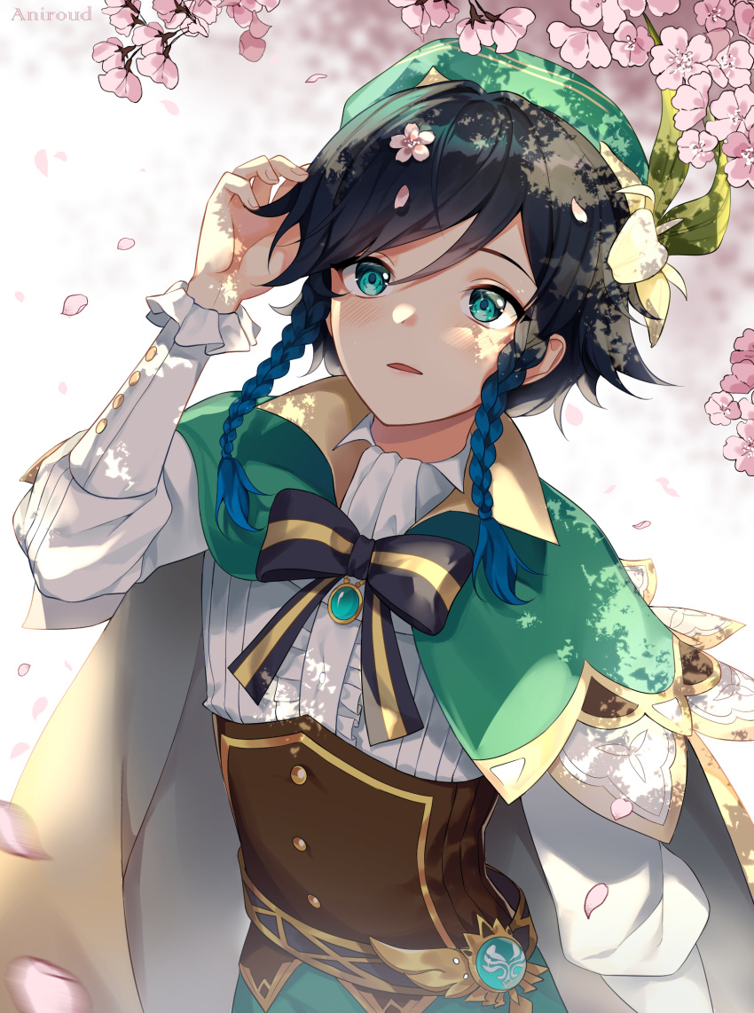 1boy aniroud artist_name bangs beret black_bow black_hair blue_eyes bow braid branch brooch buttons cape center_frills cherry_blossoms collared_cape corset falling_petals flower frilled_sleeves frills gem genshin_impact gradient_hair green_cape green_headwear hand_in_hair hand_up hat hat_flower highres jewelry long_sleeves looking_up male_focus multicolored_hair open_mouth petals shirt short_hair_with_long_locks side_braids solo swept_bangs twin_braids venti_(genshin_impact) vision_(genshin_impact) white_background white_shirt