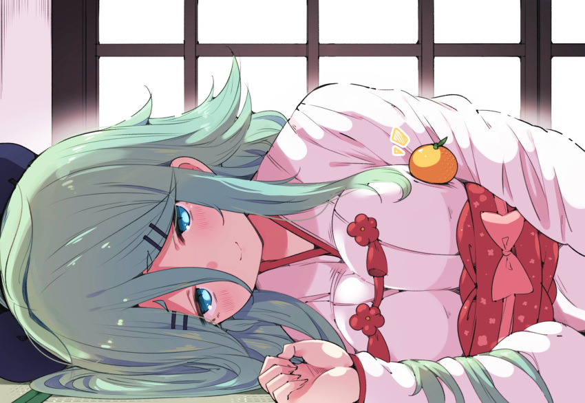 1girl aqua_eyes black_ribbon blush breasts closed_mouth eyebrows_visible_through_hair food fruit green_hair hair_between_eyes hair_ornament hair_ribbon hairclip highres japanese_clothes kantai_collection large_breasts long_hair long_sleeves mandarin_orange miko obi ribbon sash smile solo suzuki_toto tatami yamakaze_(kancolle)