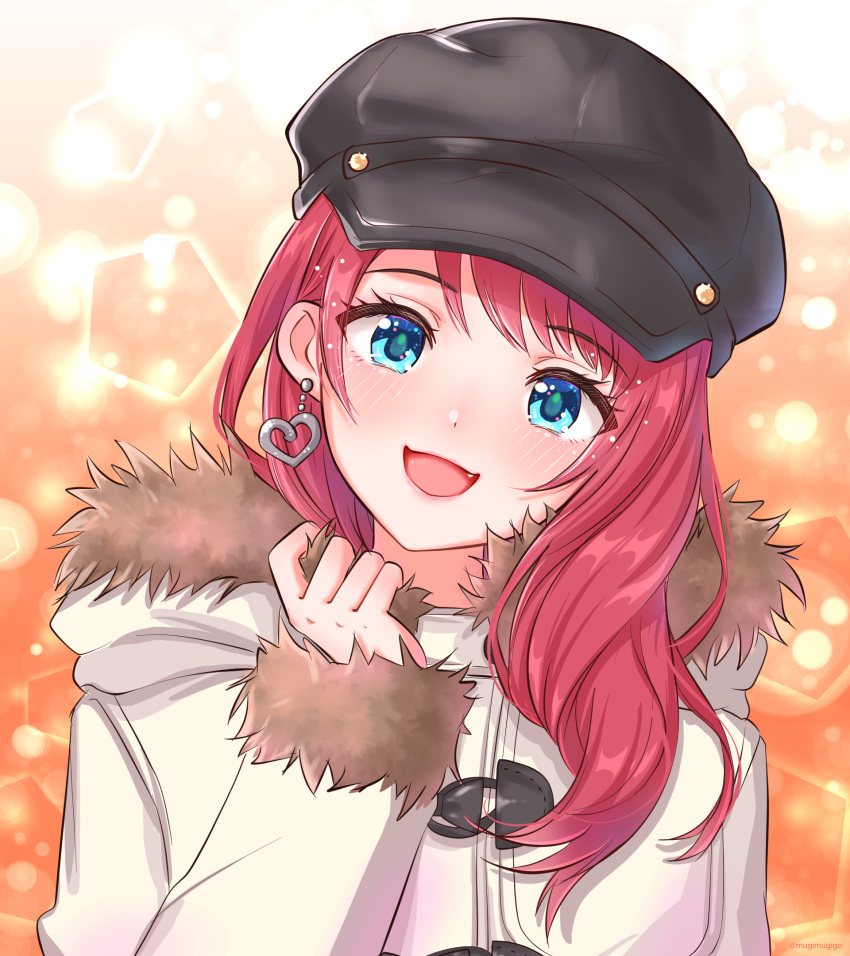 1girl :d asahina_akane_(nijisanji) bangs blue_eyes earrings eyebrows_visible_through_hair fang fur_trim hair_behind_ear head_tilt heart heart_earrings highres hood hooded_jacket jacket jewelry lens_flare looking_at_viewer mugimugigo nijisanji official_alternate_costume open_mouth orange_background redhead smile solo virtual_youtuber white_jacket