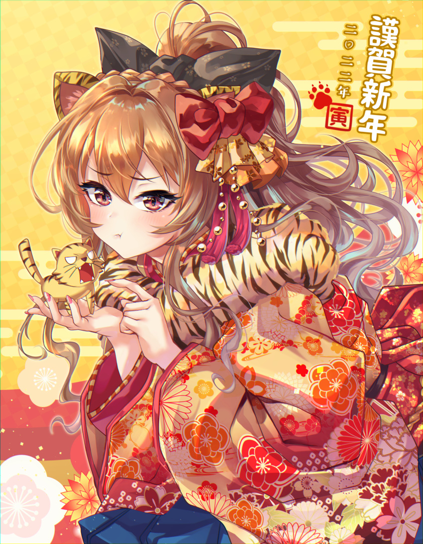 1girl 2022 absurdres aisaka_taiga animal_ears animal_print black_bow blush bow brown_eyes brown_hair chinese_zodiac commentary_request floral_print fur_trim hair_bow hair_ornament happy_new_year high_ponytail highres japanese_clothes kimono long_hair new_year obi palmtop_tiger ponytail pout print_kimono red_bow sash shashaki tiger tiger_ears tiger_print toradora! upper_body wavy_hair wide_sleeves year_of_the_tiger
