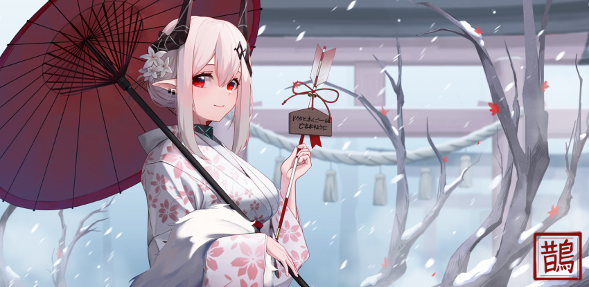 1girl alternate_costume arknights arrow_(projectile) bangs bare_tree bell breasts closed_mouth collar day ear_piercing ema eyebrows_behind_hair floral_print flower fur_shawl hair_flower hair_ornament hamaya holding holding_arrow holding_umbrella horns infection_monitor_(arknights) japanese_clothes jingle_bell kasasasagi kimono large_breasts lipstick long_sleeves looking_at_viewer makeup mudrock_(arknights) oil-paper_umbrella outdoors piercing print_kimono red_ribbon ribbon short_hair sidelocks smile snowing solo torii translation_request tree umbrella upper_body white_flower white_kimono wide_sleeves winter