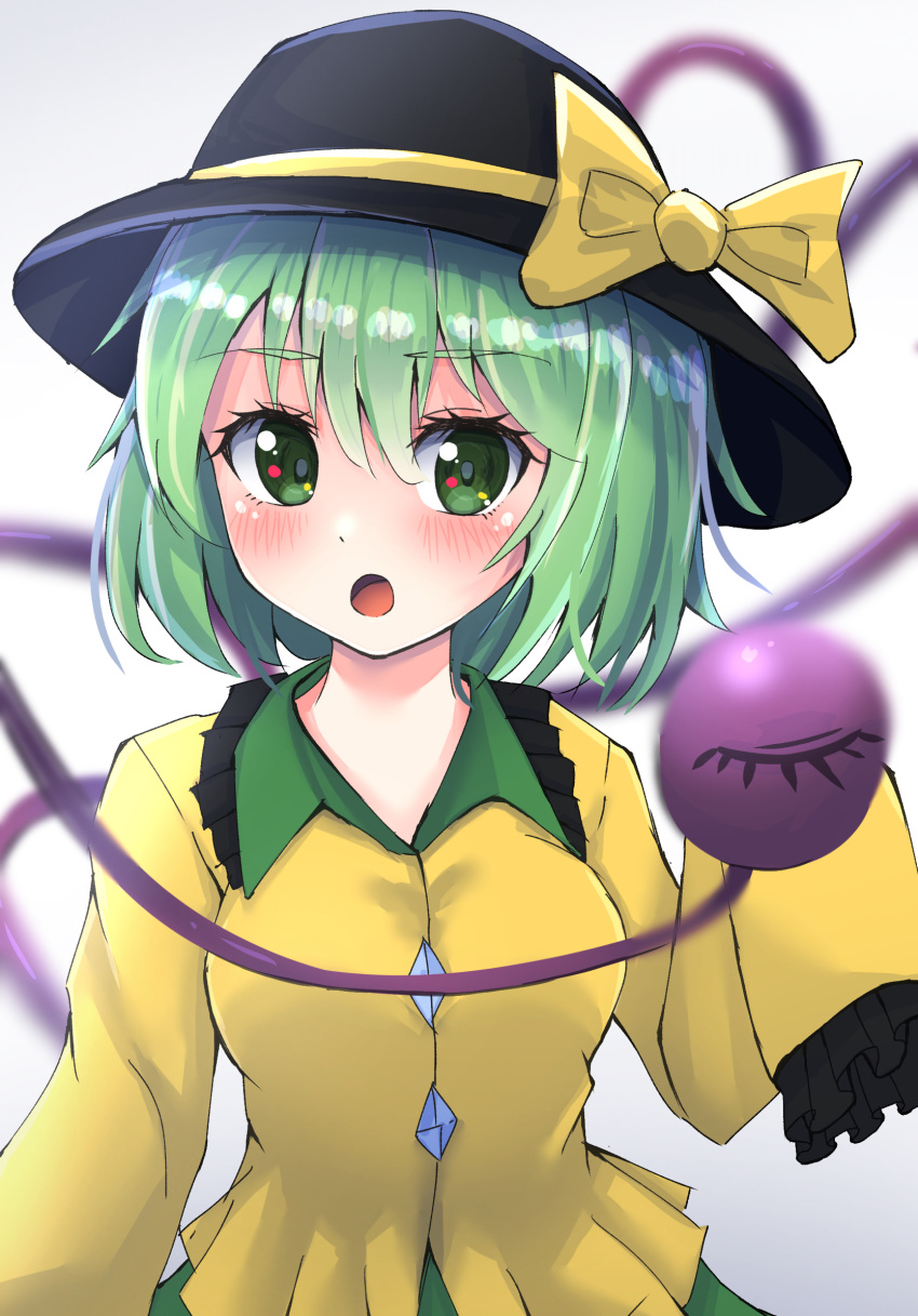 1girl blurry depth_of_field floppy_sleeves green_eyes green_hair hat heart heart_of_string highres houri_sh komeiji_koishi looking_at_viewer open_mouth short_hair simple_background sleeves_past_fingers sleeves_past_wrists solo third_eye touhou white_background