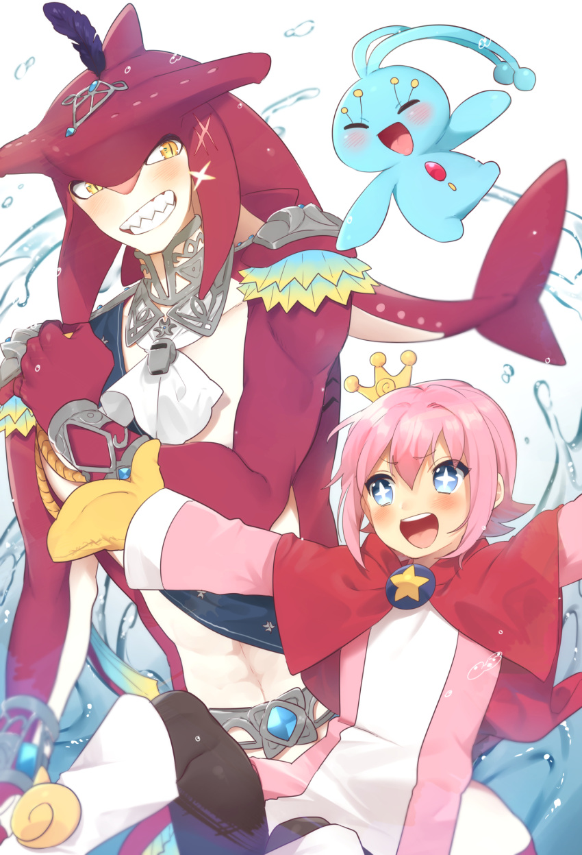 1boy :d bangs blue_eyes blush boots character_request closed_eyes colored_skin crown eyebrows_visible_through_hair feather_hair_ornament feathers fish_boy gijinka grin hair_ornament hand_up highres jewelry kirby_(series) knee_boots manaphy mittens monster_boy pink_hair pink_shirt pointy_ears pokemon pokemon_(creature) red_skin sharp_teeth shirt sidon simple_background smile sparkle teeth the_legend_of_zelda the_legend_of_zelda:_breath_of_the_wild tongue ttanuu. upper_teeth water white_background white_footwear zora