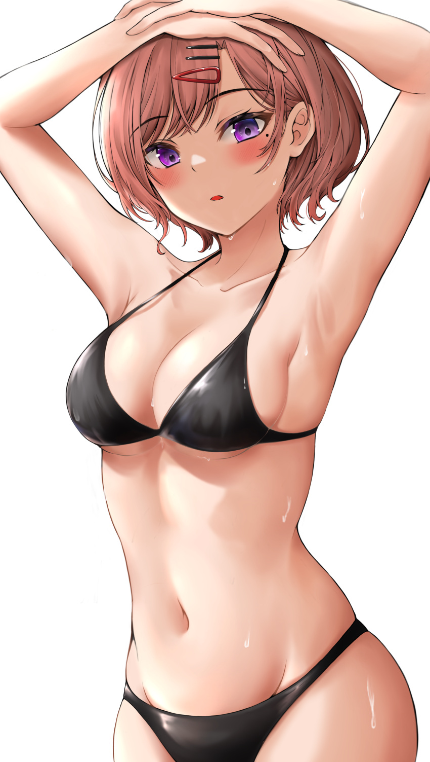 1girl absurdres armpits arms_up bikini black_bikini blush breasts brown_hair collarbone dstwins97 hair_ornament hairclip highres higuchi_madoka idolmaster idolmaster_shiny_colors looking_at_viewer medium_breasts mole mole_under_eye navel revision short_hair simple_background solo stomach sweat swimsuit violet_eyes white_background