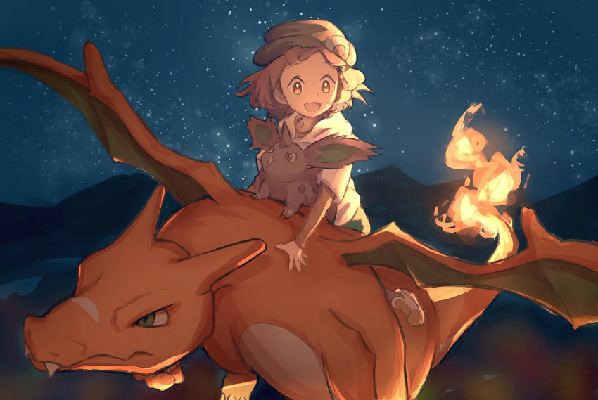 1girl :d brown_eyes brown_hair charizard commentary_request fire flame green_headwear hat long_sleeves looking_down medium_hair nidoran nidoran_(male) night open_mouth outdoors pokemon pokemon_(anime) poketoon riding riding_pokemon shoes sitting sky smile star_(sky) takeda_(kanaria09) tongue tsubomi_(pokemon)