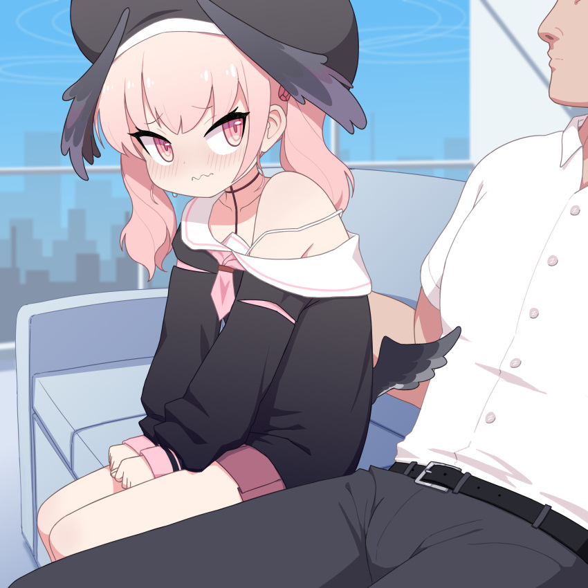 1boy 1girl absurdres black_headwear black_shirt blue_archive blush closed_mouth couch cromachina eyebrows_visible_through_hair hat highres koharu_(blue_archive) long_hair long_sleeves looking_at_another pants pink_eyes pink_hair red_skirt shirt sitting skirt solo_focus twintails wavy_mouth white_shirt winged_hat wings