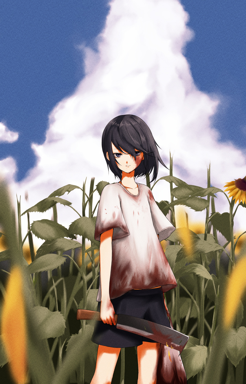 1other absurdres black_hair blood blood_on_clothes blood_on_face blood_on_hands blood_on_weapon blue_eyes blue_sky blurry blurry_foreground closed_mouth clouds cloudy_sky collarbone cumulonimbus_cloud film_grain flower hair_between_eyes highres holding holding_sack holding_weapon kushinaka looking_at_viewer nosebleed original outdoors petals sack shirt sky smile solo standing sunflower t-shirt weapon yellow_flower
