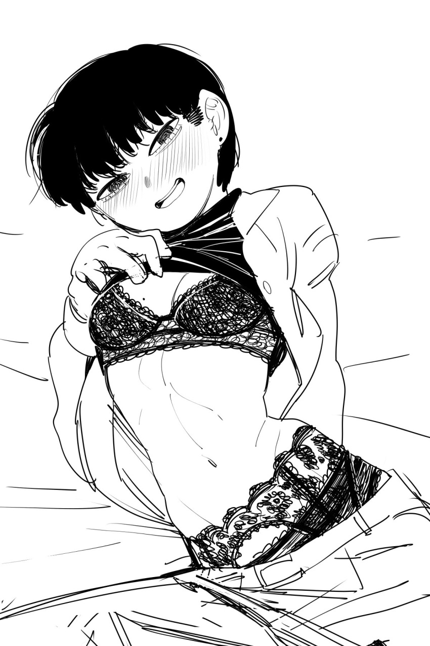 1girl black_hair blush breasts clothes_lift earrings greyscale hand_up highres jewelry lingerie looking_at_viewer midriff mole mole_on_breast monochrome navel original parted_lips shirt_lift short_hair small_breasts smile solo sparrowl underwear