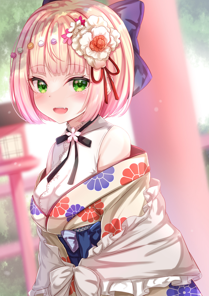 1girl :d bangs blonde_hair blush bow breasts commentary_request eyebrows_visible_through_hair fang floral_print flower green_eyes hair_bow hair_flower hair_ornament highres hololive japanese_clothes kimono large_breasts looking_at_viewer looking_to_the_side momosuzu_nene multicolored_hair pink_hair print_kimono shirt short_hair sleeveless sleeveless_shirt smile solo two-tone_hair upper_body virtual_youtuber white_shirt yuano