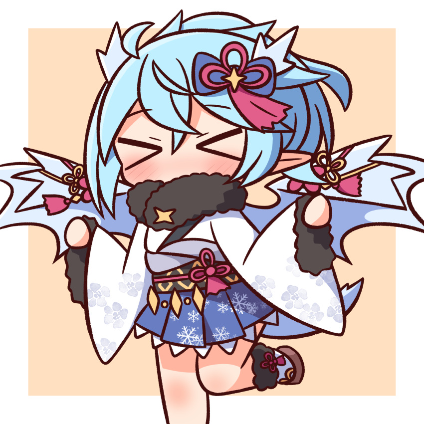 &gt;_&lt; 1girl bangs blue_bow blue_hair blue_skirt blue_wings blush bow brown_background chibi closed_eyes covered_mouth eyebrows_visible_through_hair facing_viewer feet_out_of_frame fur-trimmed_sleeves fur_collar fur_trim hair_between_eyes hair_bow hana_kazari highres japanese_clothes kimono long_sleeves obi pinching_sleeves pleated_skirt pointy_ears princess_connect! sash shefi_(princess_connect!) skirt solo standing standing_on_one_leg two-tone_background white_background white_kimono wide_sleeves wings