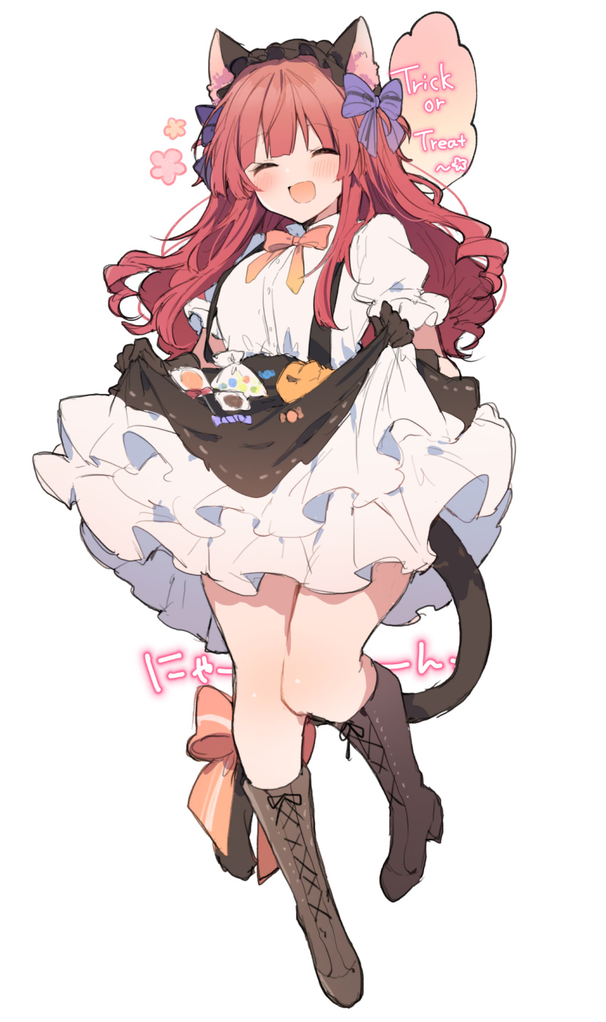 1girl :d alternate_costume animal_ears anna_(ikeuchi_tanuma) apron black_apron black_gloves blush boots bow bowtie brown_footwear cat_ears cat_tail closed_eyes dress enmaided facing_viewer full_body gloves hair_bow highres ikeuchi_tanuma long_hair maid open_mouth orange_bow orange_bowtie original puffy_short_sleeves puffy_sleeves purple_bow redhead short_sleeves simple_background smile solo standing standing_on_one_leg tail tail_bow tail_ornament twintails two_side_up white_background white_dress