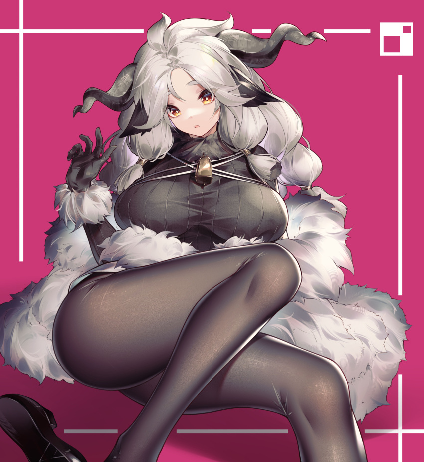 1girl absurdres ahoge animal_ears arknights bangs bell black_footwear black_gloves black_legwear black_sweater breasts bright_pupils character_request eyebrows_visible_through_hair feet_out_of_frame fur-trimmed_sleeves fur_collar fur_shawl fur_trim gloves highres horns jiusan_naitan large_breasts legs long_hair long_sleeves looking_at_viewer lying neck_bell on_back pantyhose parted_bangs parted_lips pink_background red_eyes shoes shoes_removed sidelocks silver_hair sweater