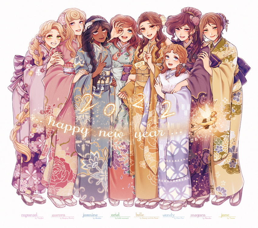 2022 6+girls :d adapted_costume aladdin_(disney) aqua_kimono ariel_(disney) aurora_(disney) bangs beauty_and_the_beast belle_(disney) black_hair blonde_hair blue_eyes blue_kimono braid braided_ponytail brown_eyes brown_hair brown_kimono character_name child closed_mouth company_connection copyright_name crossover curly_hair dark-skinned_female dark_skin disney earrings english_text eyelashes eyeshadow fairy fingernails floral_print flower flower_braid flying full_body fur_shawl fur_trim furisode geta green_eyes green_kimono grin hair_bun hair_flower hair_ornament hair_over_shoulder hairband half_updo hand_on_another's_arm hand_on_another's_shoulder hand_up hands_on_another's_arm happy_new_year hercules_(disney) highres holding_another's_arm jane_porter japanese_clothes jasmine_(disney) jewelry kimono leaning_forward leaning_on_person light_particles lineup lipstick long_hair long_sleeves looking_at_viewer makeup megara_(disney) miniskirt mizala multi-tied_hair multiple_braids multiple_crossover multiple_girls new_year obi ok_sign ok_sign_over_eye one_eye_closed pearl_(gemstone) peter_pan_(disney) pinching_sleeves pink_flower pink_kimono pleated_skirt ponytail purple_flower purple_kimono purple_ribbon rapunzel_(disney) red_lips ribbon sash shawl side-by-side simple_background skirt sleeping_beauty sleeves_past_wrists smile standing striped striped_sash swept_bangs tabi tangled tarzan the_little_mermaid tinker_bell_(disney) twin_braids v very_long_hair violet_eyes wavy_hair wendy_darling white_background white_flower white_legwear wide_sleeves wings yellow_flower yellow_kimono