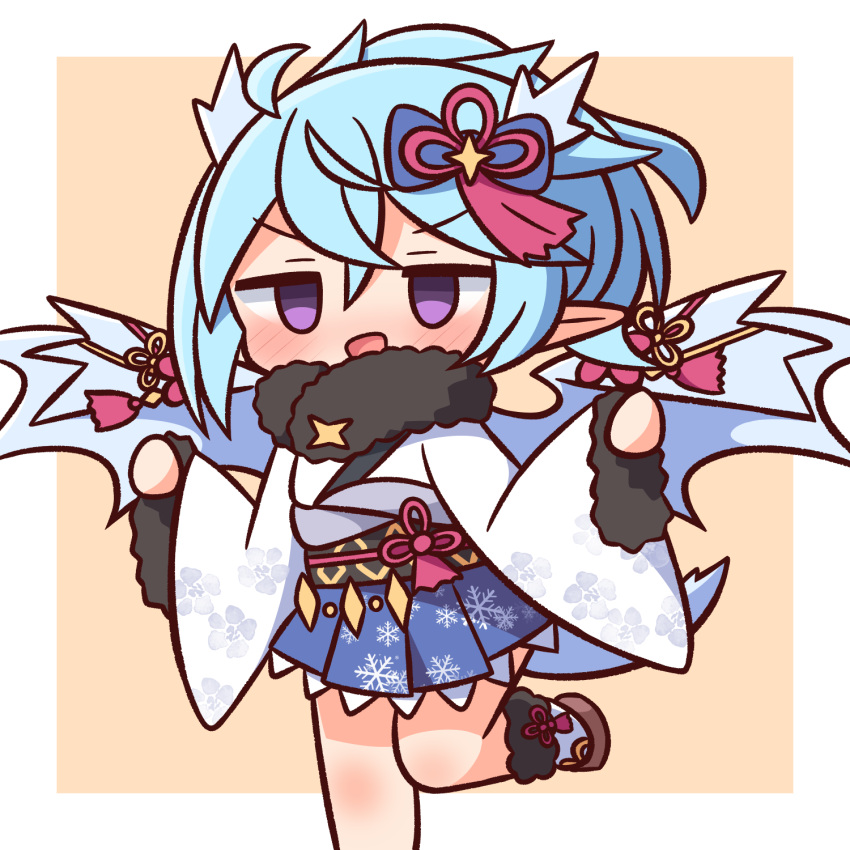 1girl :d bangs blue_bow blue_hair blue_skirt blue_wings blush bow brown_background chibi empty_eyes eyebrows_visible_through_hair feet_out_of_frame fur-trimmed_sleeves fur_collar fur_trim hair_between_eyes hair_bow hana_kazari highres japanese_clothes kimono long_sleeves looking_at_viewer obi pinching_sleeves pleated_skirt pointy_ears princess_connect! sash shefi_(princess_connect!) skirt smile solo standing standing_on_one_leg two-tone_background v-shaped_eyebrows white_background white_kimono wide_sleeves wings