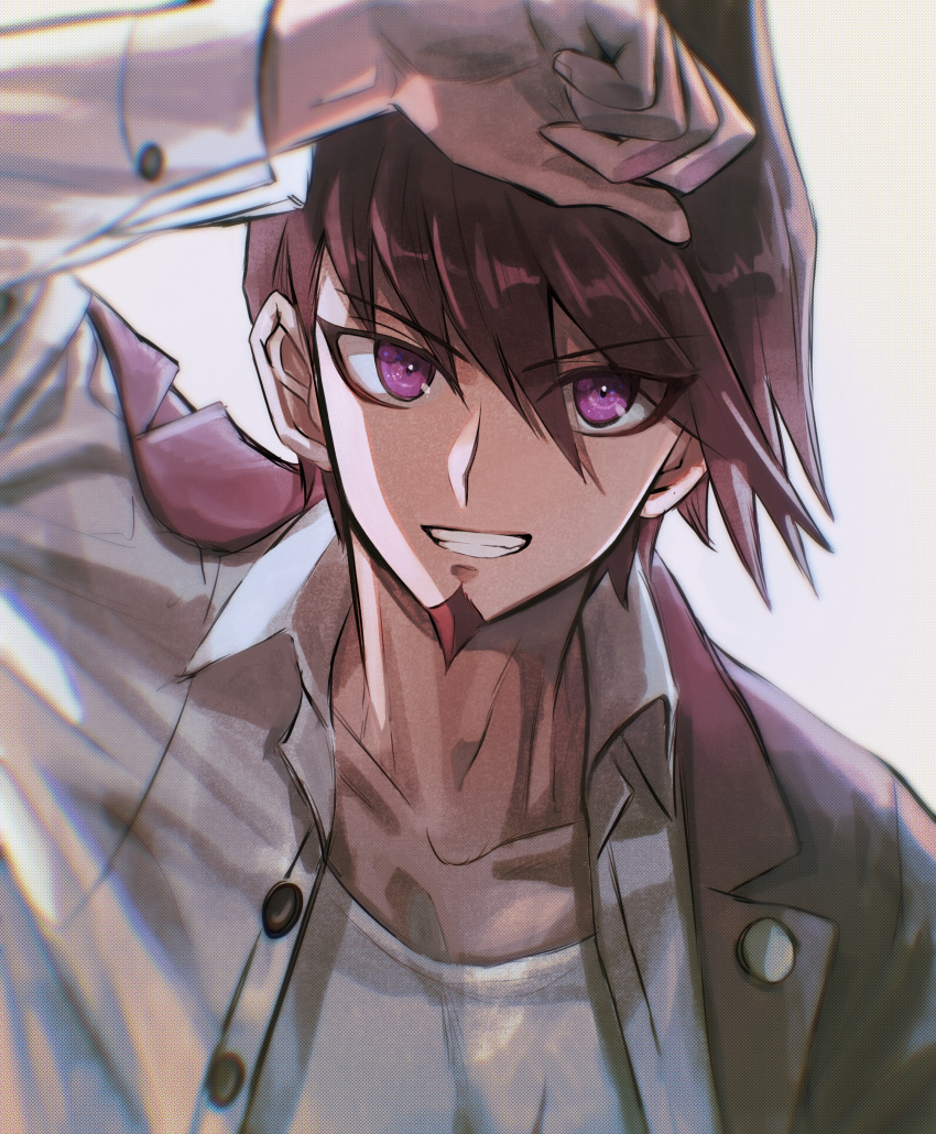 1boy absurdres arm_up bangs brown_hair buttons collarbone commentary_request danganronpa_(series) danganronpa_v3:_killing_harmony facial_hair goatee grey_background grey_shirt grin highres jacket jacket_on_shoulders male_focus momota_kaito open_clothes open_shirt pink_jacket shirt short_hair simple_background smile spiky_hair violet_eyes visket53 white_shirt