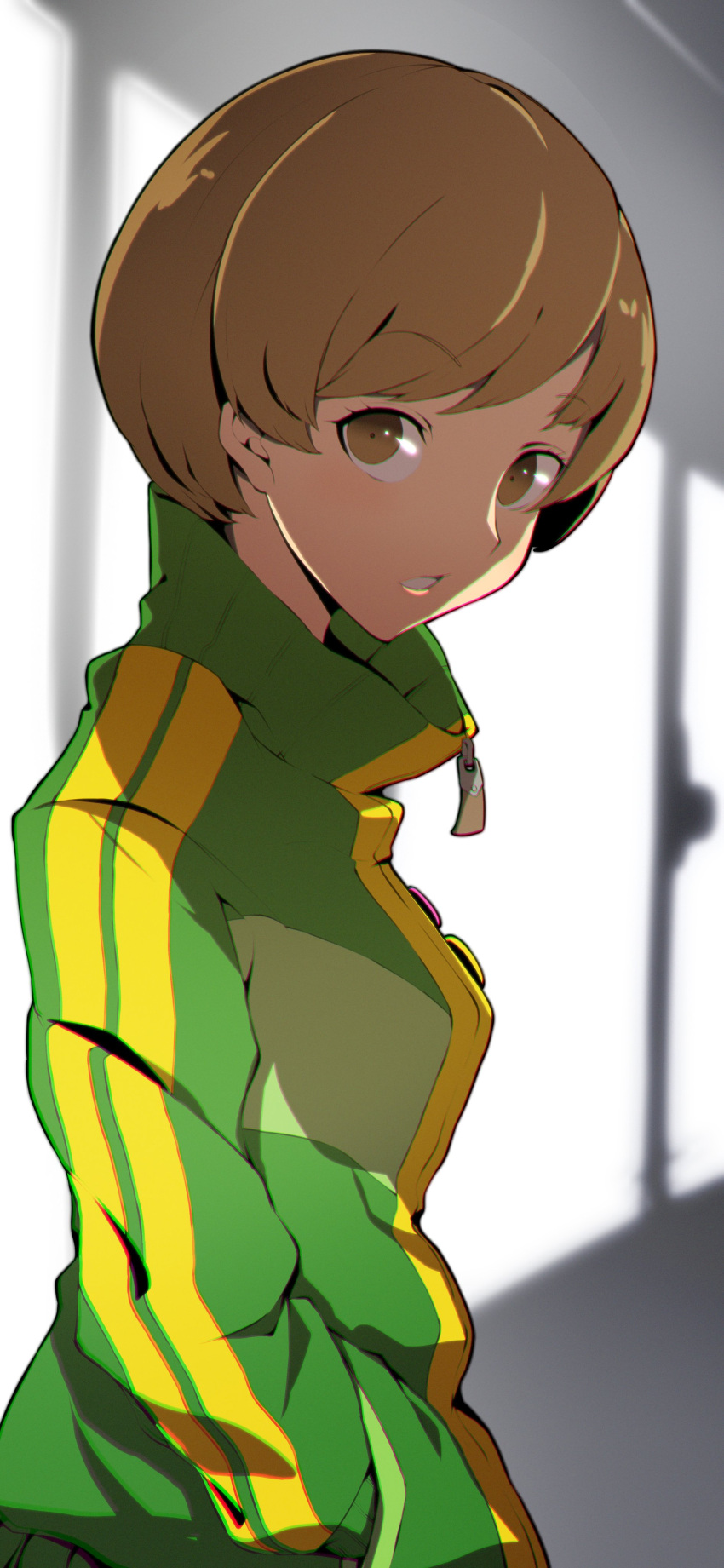 1girl absurdres badge bangs bob_cut brown_eyes brown_hair button_badge chromatic_aberration double_vertical_stripe eyebrows_visible_through_hair from_side green_jacket hand_in_pocket highres jacket long_sleeves pakotaroh parted_lips persona persona_4 pocket satonaka_chie short_hair solo track_jacket zipper_pull_tab
