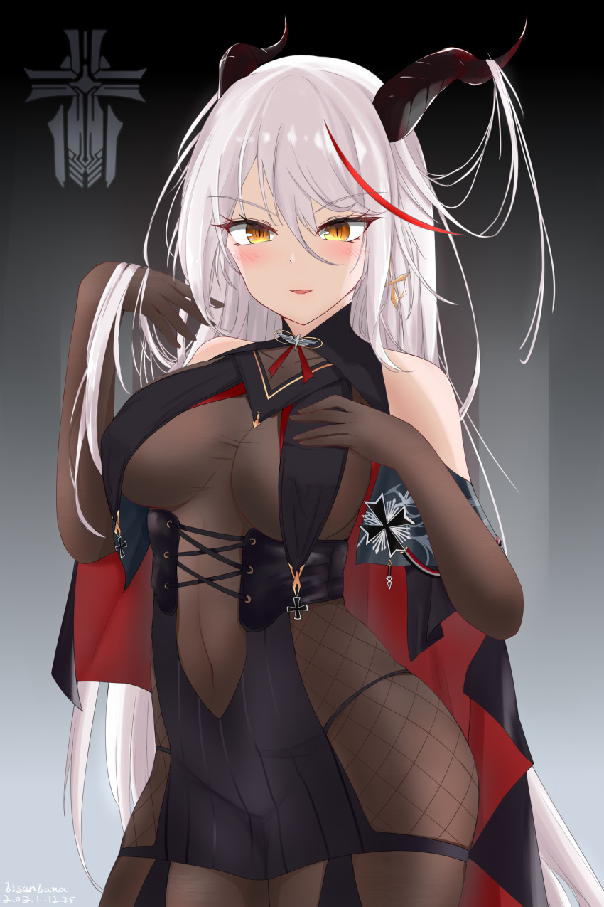 1girl absurdres aegir_(azur_lane) azur_lane bare_shoulders biganbanani black_cape black_gloves black_skirt bodystocking breast_curtains breasts cape cowboy_shot cross cross-laced_clothes cross_earrings demon_horns earrings elbow_gloves eyebrows_visible_through_hair gloves gradient gradient_background grey_background hair_between_eyes hair_on_horn hand_on_own_chest highres horns iron_blood_(emblem) iron_cross jewelry large_breasts long_hair looking_at_viewer medium_breasts microskirt multicolored_hair redhead skirt solo standing streaked_hair two-tone_hair underbust very_long_hair white_hair yellow_eyes