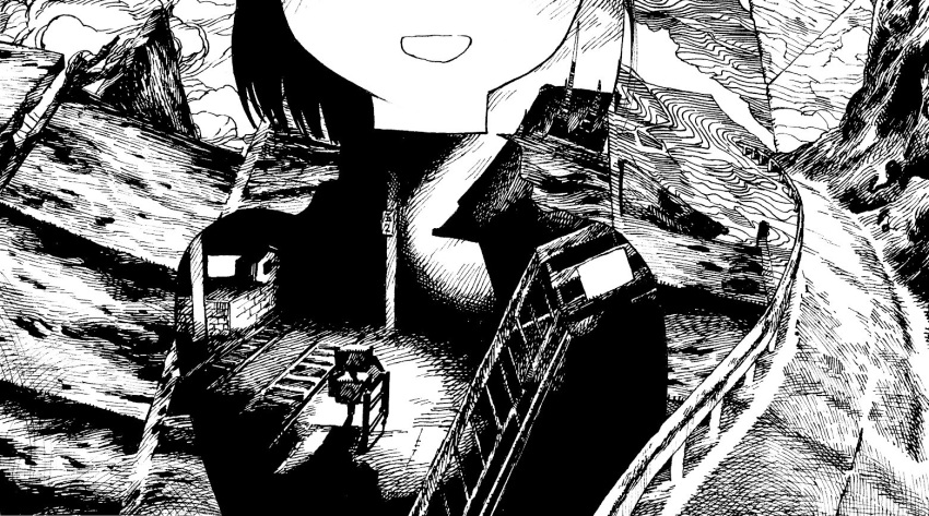 1girl building cliff close-up commentary_request crosshatching facing_viewer greyscale guard_rail hatching_(texture) head_out_of_frame high_contrast monochrome open_mouth original railing railroad_tracks short_hair smile solo traditional_media turtleneck uchida_akira_(taaiseee1121) upper_body utility_pole
