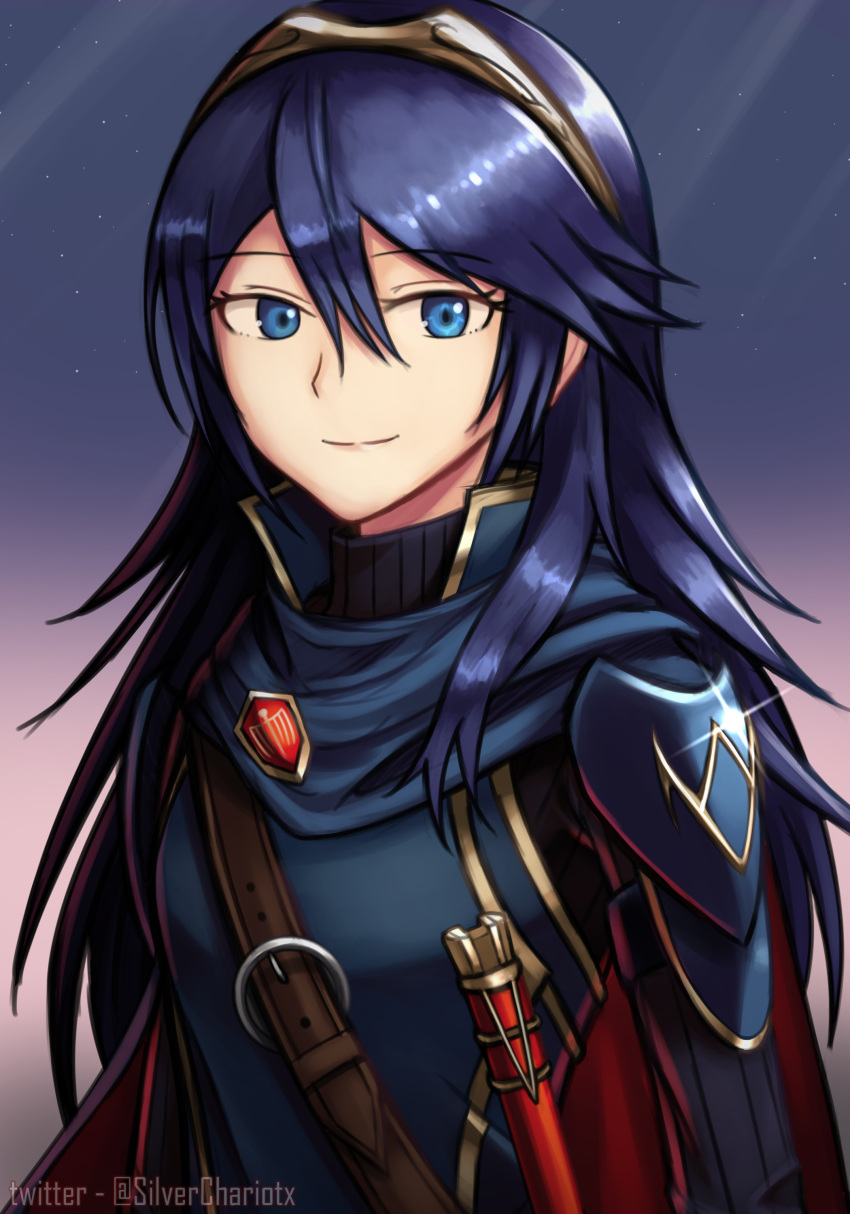 1girl absurdres armor blue_eyes blue_hair breasts closed_mouth fire_emblem fire_emblem_awakening hair_between_eyes highres light_smile long_hair long_sleeves looking_at_viewer lucina_(fire_emblem) shoulder_armor sidelocks silverchariotx small_breasts solo tiara twitter_username upper_body
