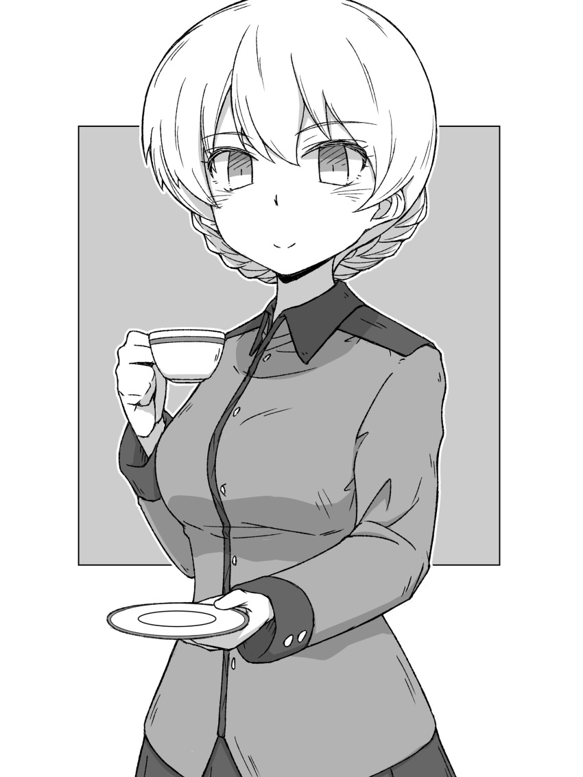 1girl absurdres bangs braid closed_mouth commentary_request cup darjeeling_(girls_und_panzer) eyebrows_visible_through_hair girls_und_panzer greyscale highres holding holding_cup holding_saucer jacket long_sleeves looking_at_viewer military military_uniform monochrome partial_commentary renshiu saucer short_hair skirt smile solo st._gloriana's_military_uniform standing teacup tied_hair twin_braids uniform