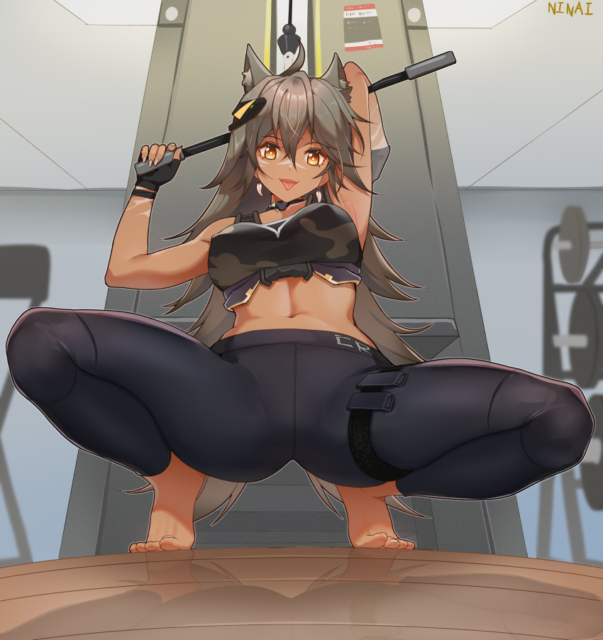 1girl abs absurdres animal_ears bare_arms bare_shoulders barefoot belly breasts cr-21_(girls'_frontline) dark-skinned_female dark_skin extra_ears feet girls_frontline grey_hair highres long_hair looking_at_viewer navel ninai open_mouth sportswear tongue tongue_out