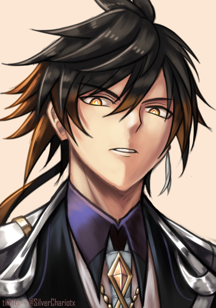 1boy absurdres black_hair brown_hair genshin_impact hair_between_eyes highres looking_down male_focus mixed-language_commentary multicolored_hair ponytail ringed_eyes silverchariotx solo teeth two-tone_hair upper_body wing_collar yellow_eyes zhongli_(genshin_impact)